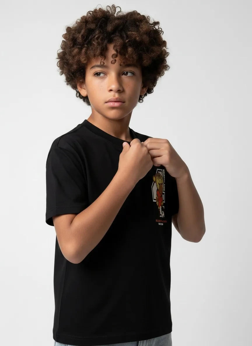 Black Bananas Nederland World Cup mascot tee fight-pose detail crop on AI young model in clean studio
