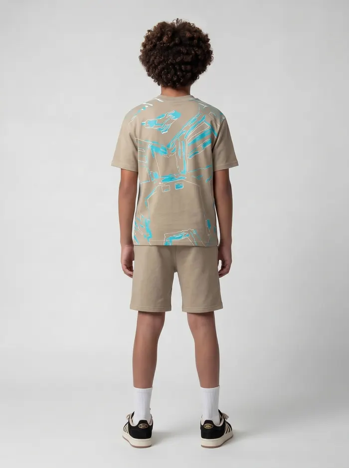 Black Bananas beige panther embroidery twinset back view on AI young model in clean white studio