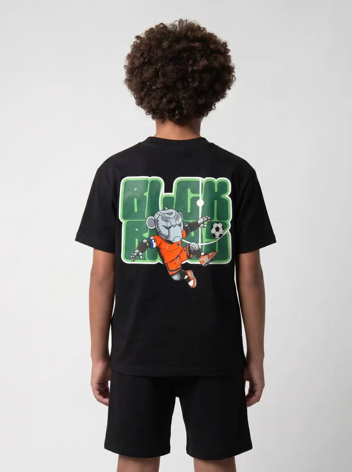 Black Bananas black BLCK BNNS green-print twinset alt pose on AI young model in clean studio