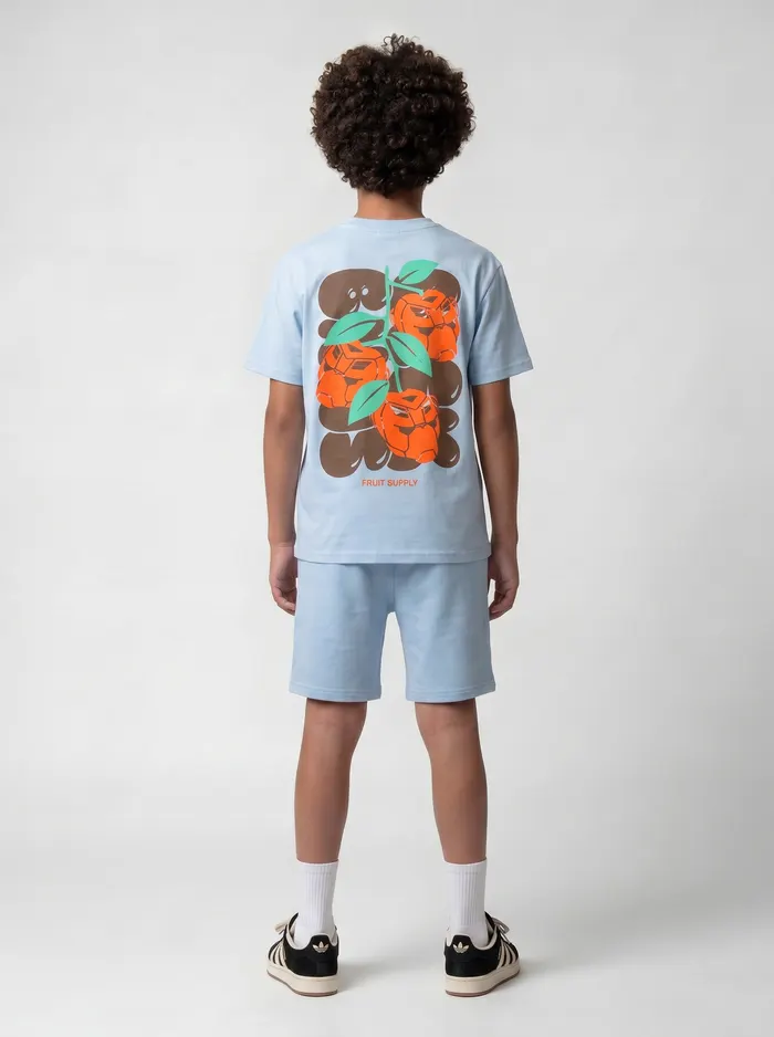 Black Bananas light blue Fruit Supply twinset back view on AI young model in clean white studio