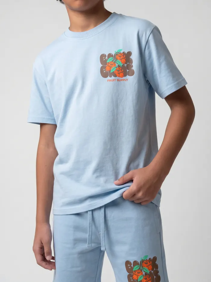 Black Bananas light blue Fruit Supply tee chest-print detail crop on AI young model in clean white studio