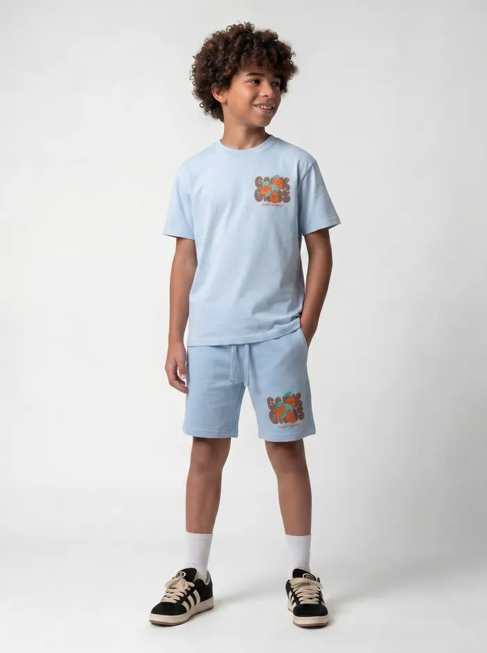 Black Bananas light blue Fruit Supply tee and shorts twinset ghost-mannequin product flat for kids PDP