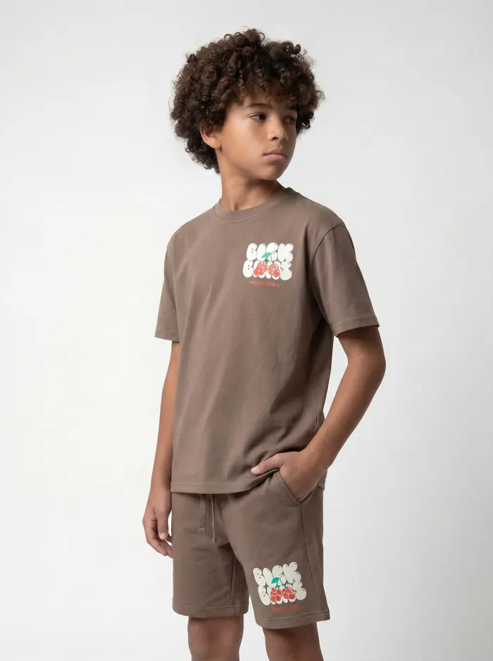 Black Bananas warm brown Fruit Supply twinset alt pose on AI young model in clean studio