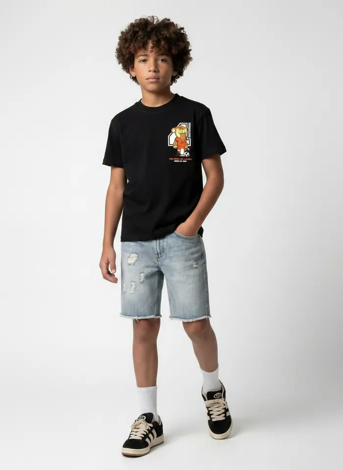 Black Bananas Nederland World Cup mascot soccer chest-print tee alt pose on AI young model in clean studio