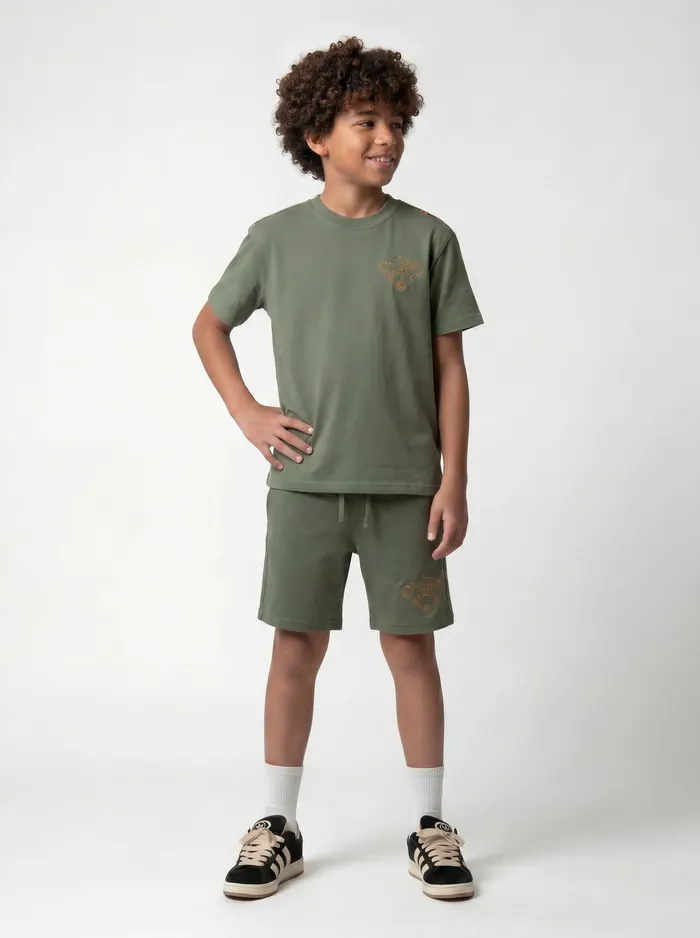 Black Bananas olive panther embroidery tee and shorts twinset ghost-mannequin product flat for PDP