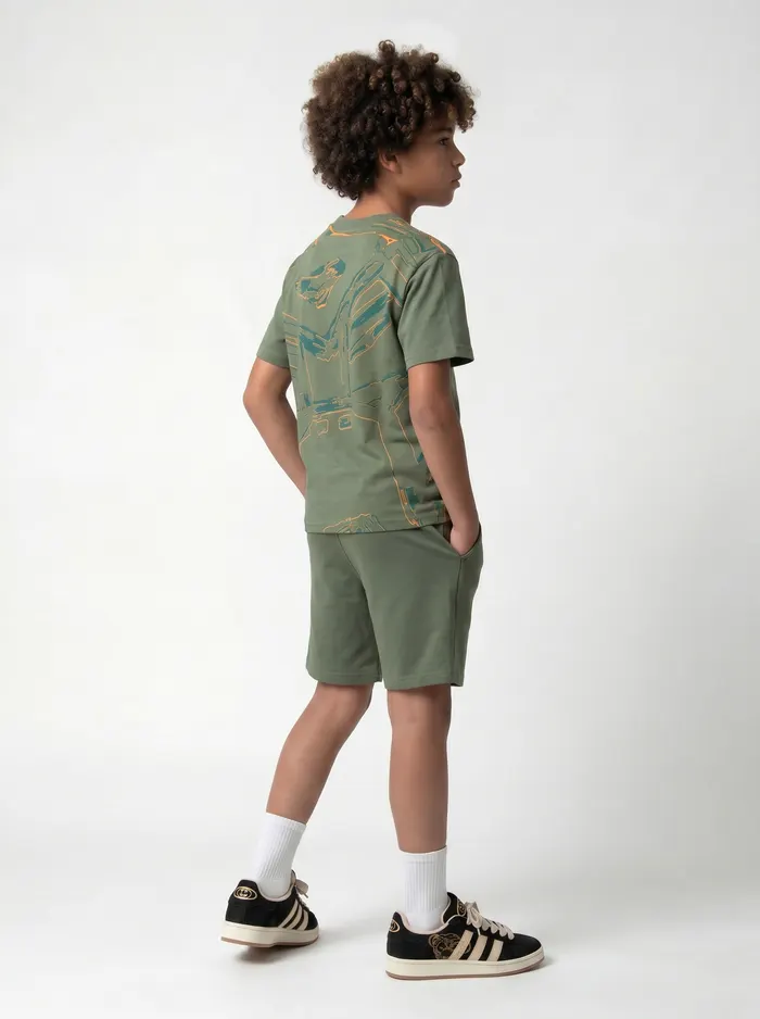 Black Bananas olive panther embroidery twinset alt pose on AI young model in clean studio