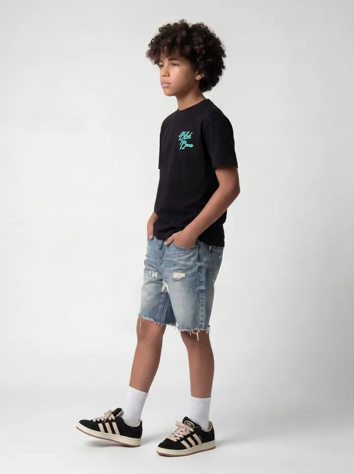 Black Bananas black Blck Bnns turquoise script-logo tee alt pose on AI young model in clean studio