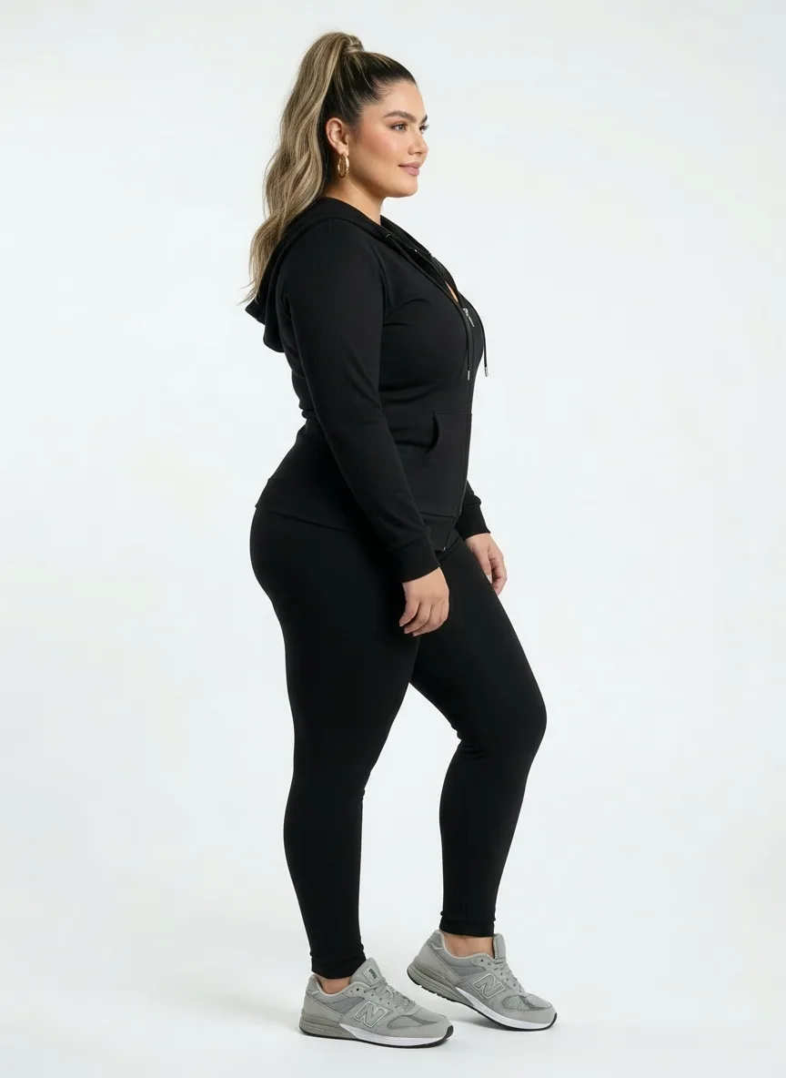 Plus-size model in all-black athleisure set with hoodie, leggings, and New Balance sneakers against clean white studio background