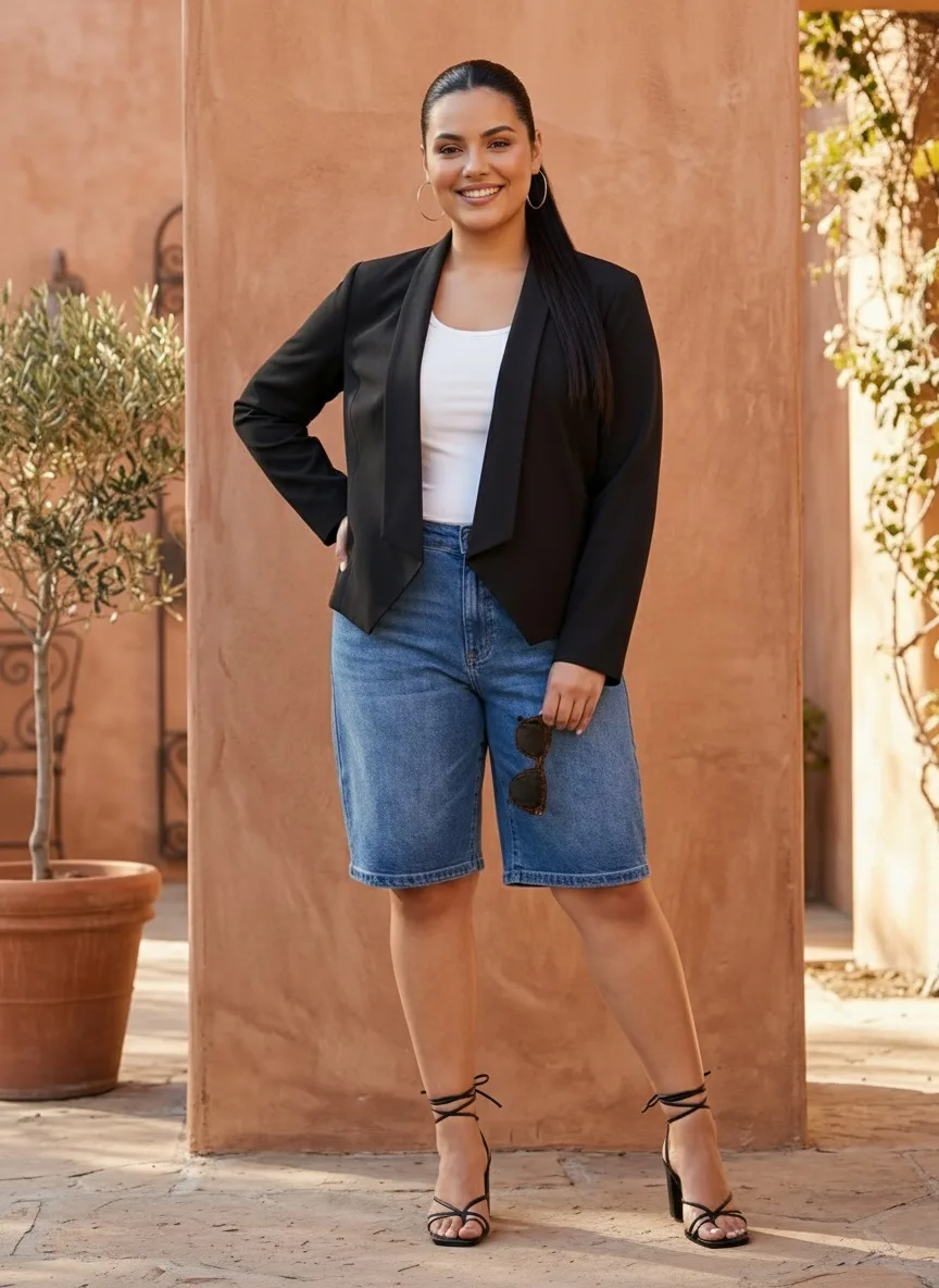 Plus-size model in black blazer with white top and denim bermuda shorts against warm terracotta wall