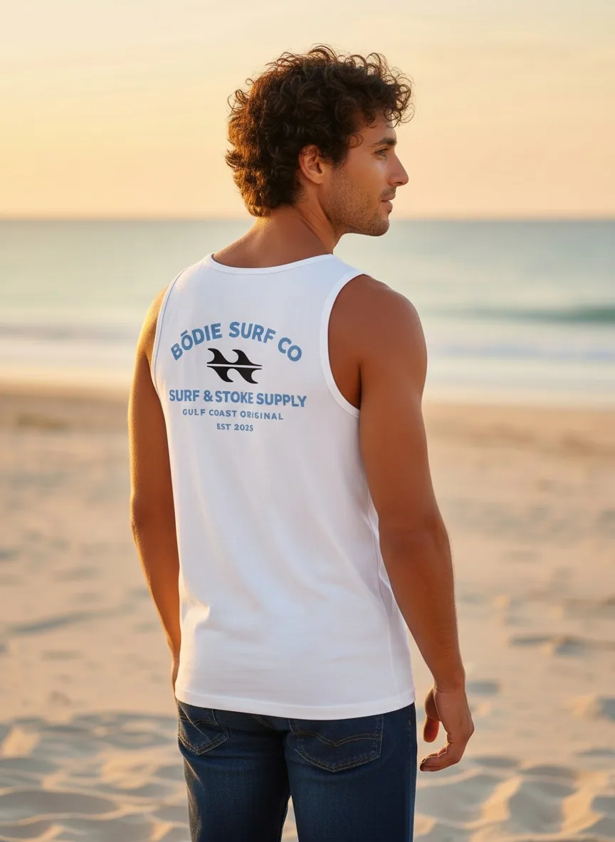 Bōdie Surf Co white tank back graphic on AI male model walking sand at golden hour, ocean horizon behind