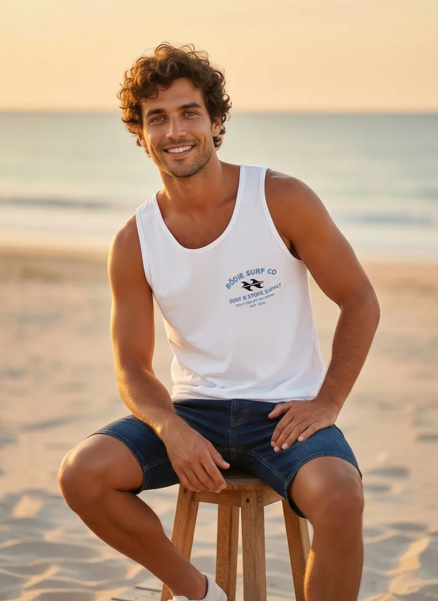 Bōdie Surf Co white tank with subtle navy chest logo on AI male model seated on driftwood stool at sunset Gulf Coast beach