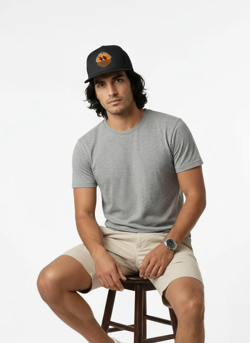 Bōdie Surf Co black trucker hat seated pose on AI male model with grey tee and beige shorts in white studio