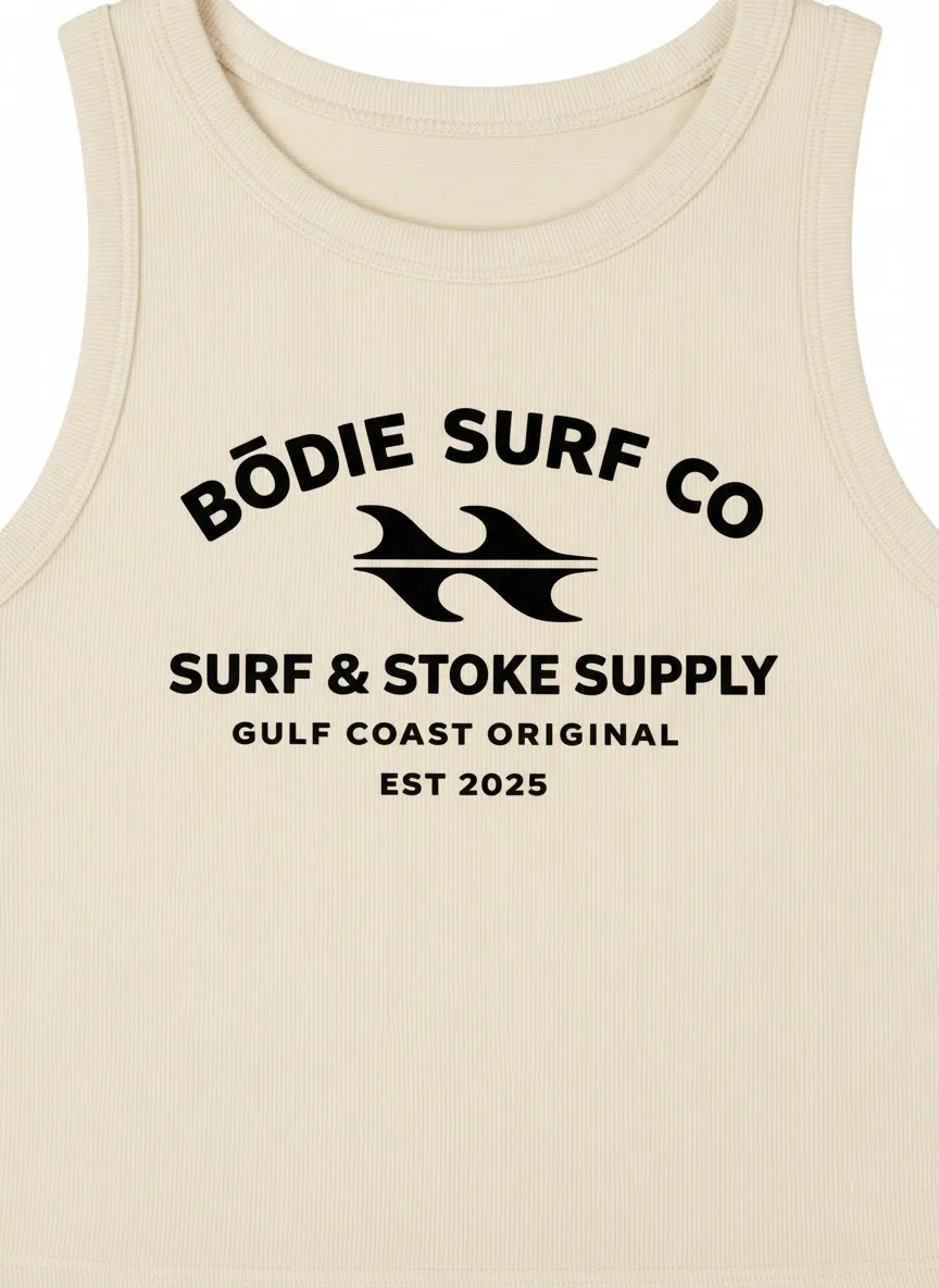 Bōdie Surf Co cream tank tight chest crop showing logo print at chest-pocket scale