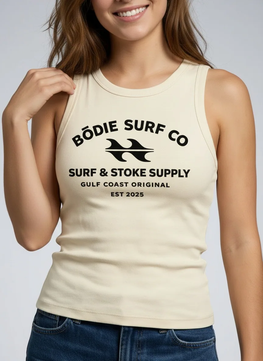 Bōdie Surf Co tank chest crop showing the full BŌDIE SURF CO Surf and Stoke Supply Gulf Coast Original logo at correct scale