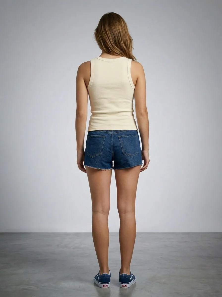 Bōdie Surf Co cream tank back full body framing on AI model in studio