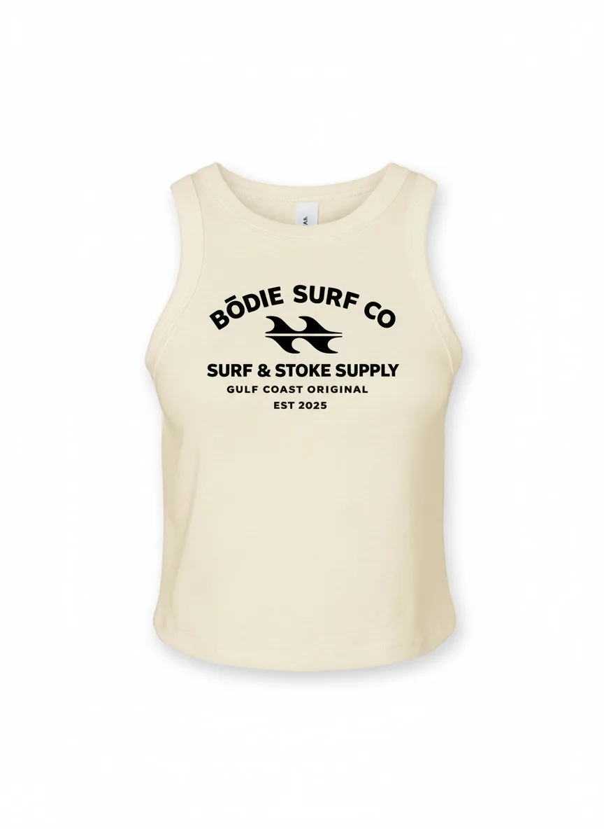 Bōdie Surf Co cream tank ghost mannequin product flat shot for catalog