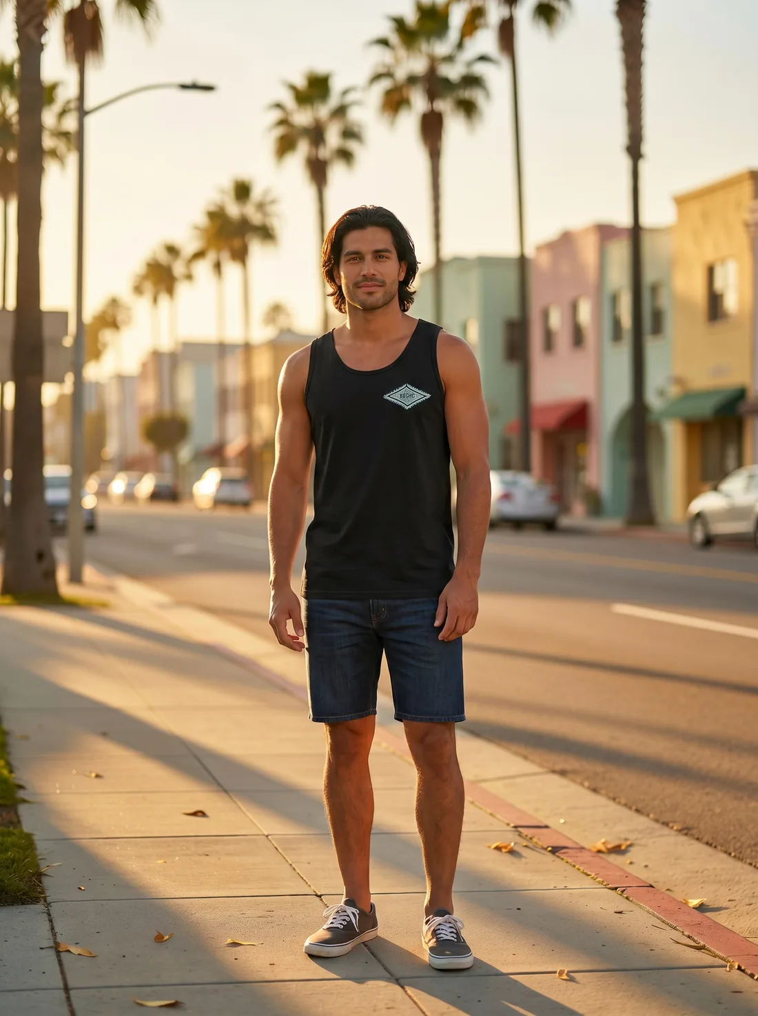 Bōdie Surf Co black tank with diamond chest patch on AI male model on palm-tree-lined coastal street at golden hour with pastel storefronts