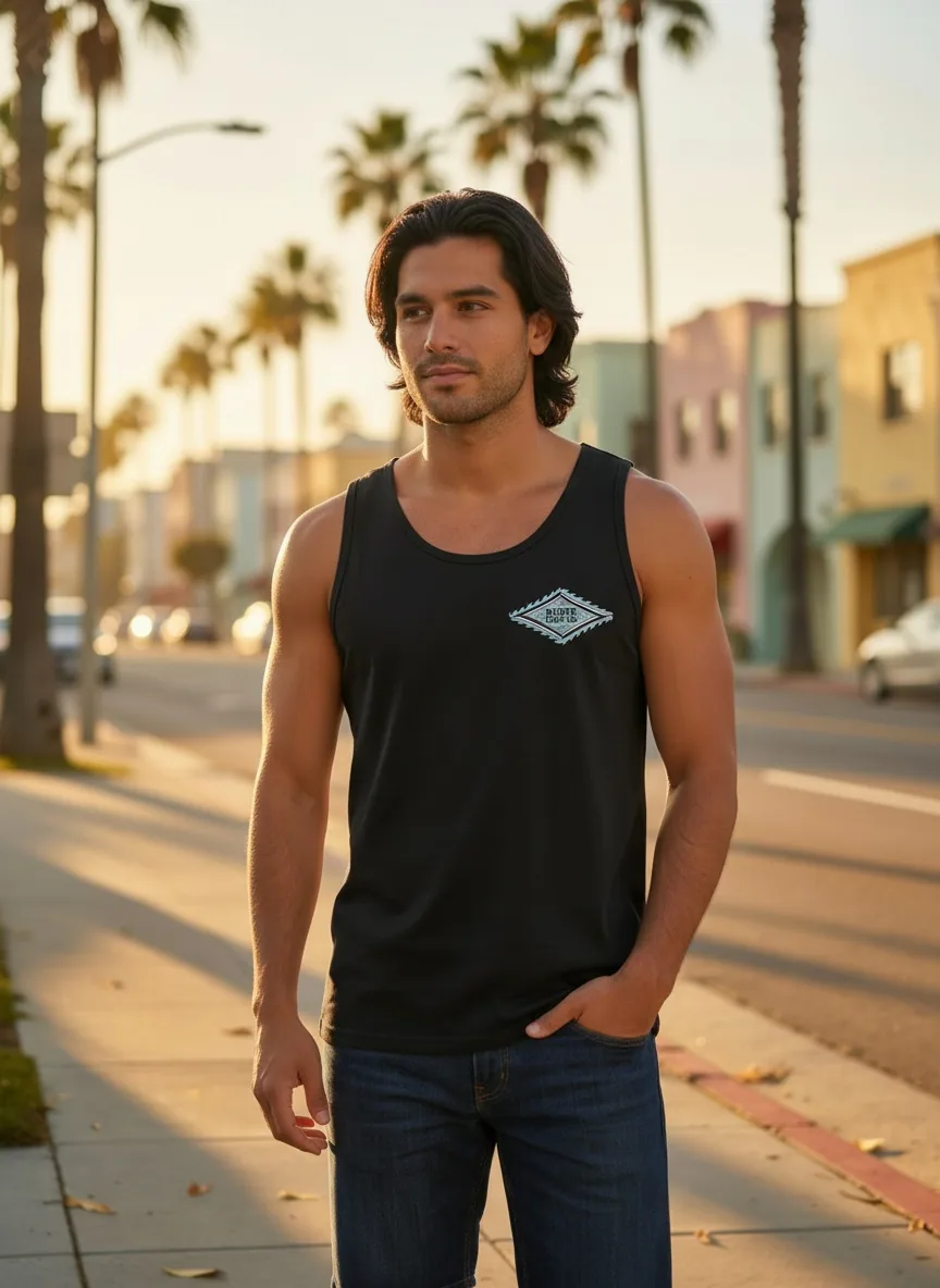 Bōdie Surf Co black tank diamond chest print three-quarter pose on AI male model on palm-tree coastal street at golden hour