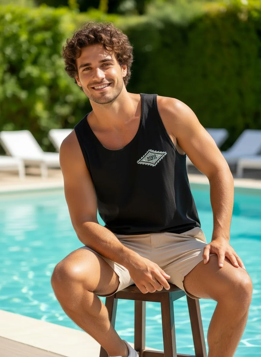 Bōdie Surf Co black tank with diamond chest print on AI male model seated by resort pool with chaise loungers and turquoise water