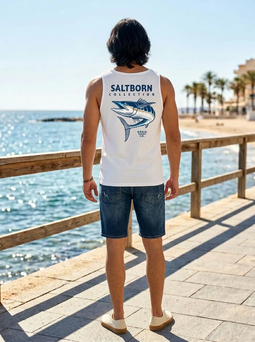 Bōdie Surf Co Saltborn collection back graphic featuring marlin illustration on AI male model facing Mediterranean coastline