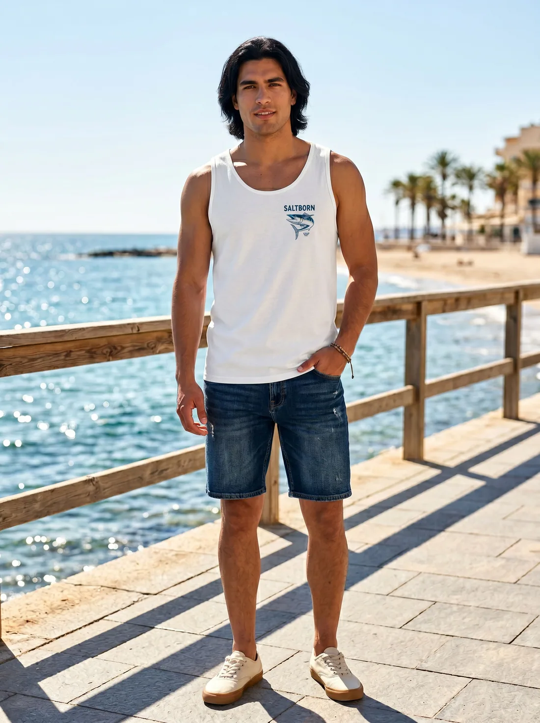 Bōdie Surf Co Saltborn white tank front with small chest marlin logo on AI male model on Mediterranean seafront boardwalk with palms