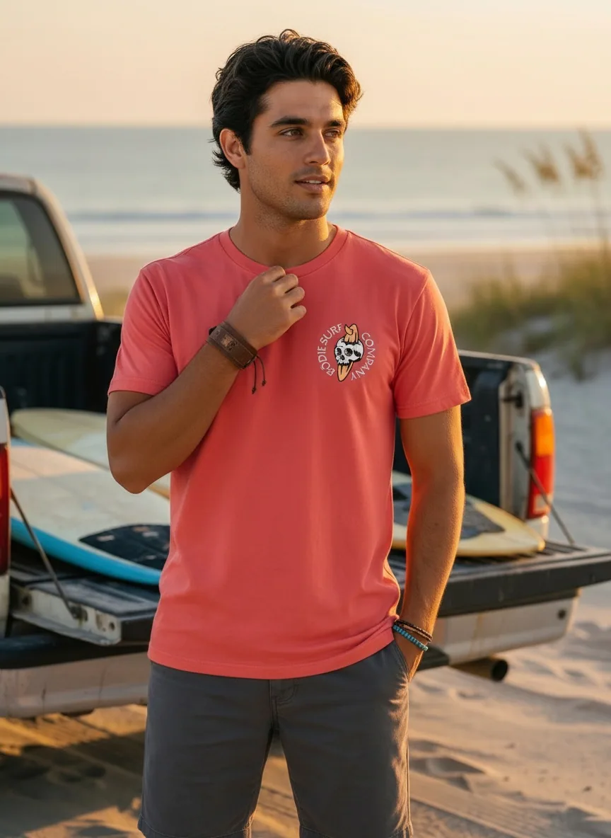 Bōdie Surf Co coral tee with skull-and-surfboard chest patch on AI male model standing by pickup truck loaded with surfboards at sunset