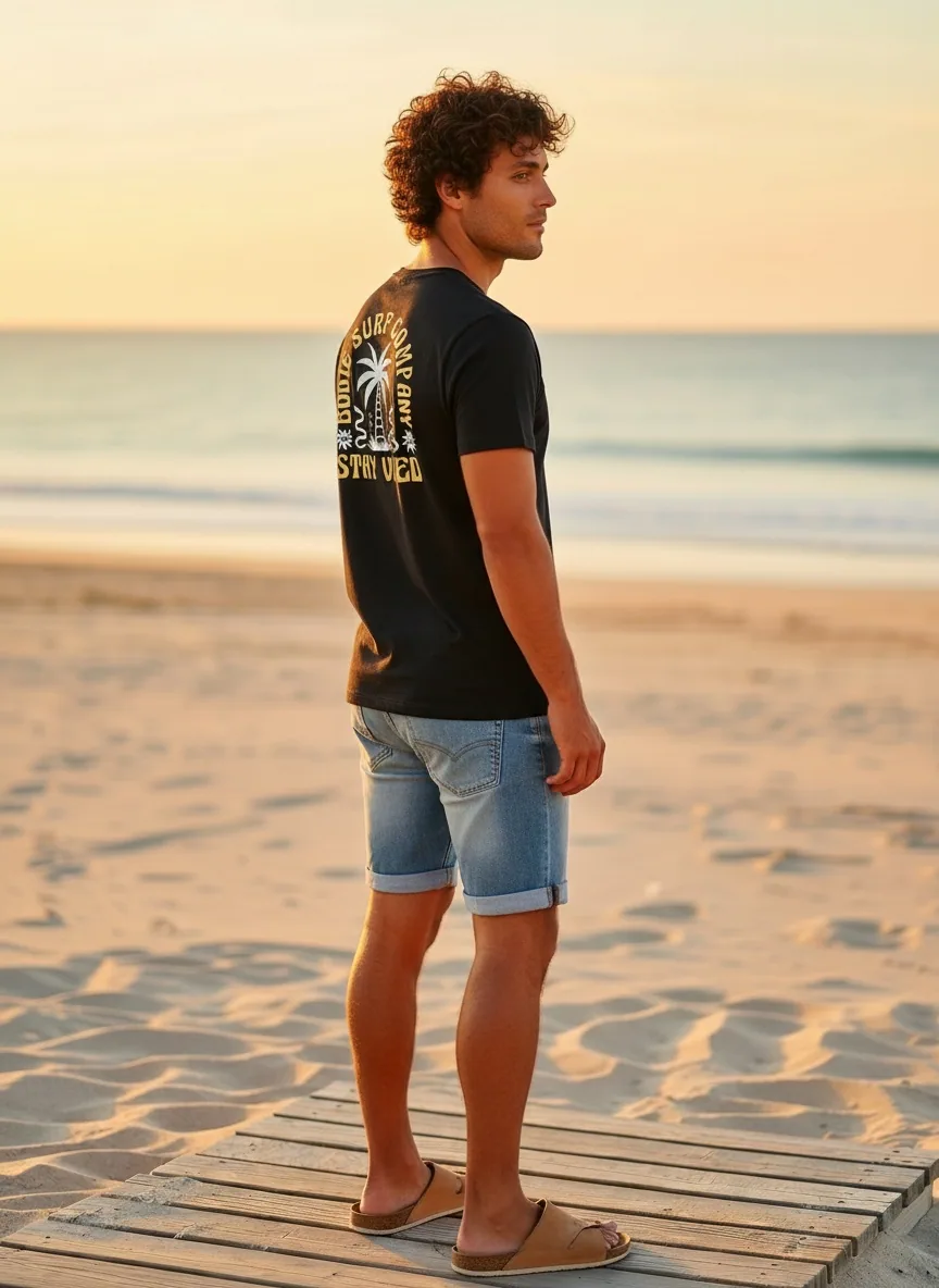 Bōdie Surf Co black STAY VIBED tee back graphic with palm tree on AI male model walking wooden beach planks at golden hour