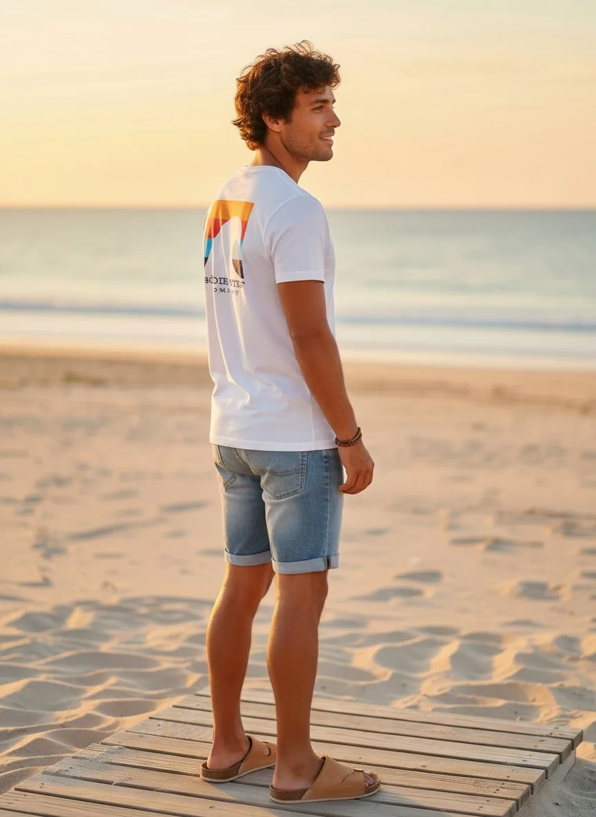 Bōdie Surf Co white tee with rainbow wave back graphic on AI male model walking wooden beach planks at sunset