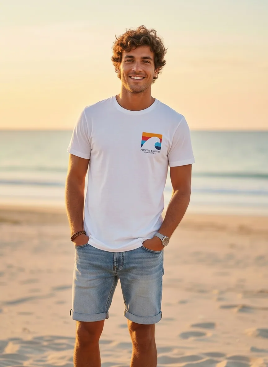 Bōdie Surf Co white tee with rainbow wave chest patch on AI male model standing on sunset beach with denim shorts