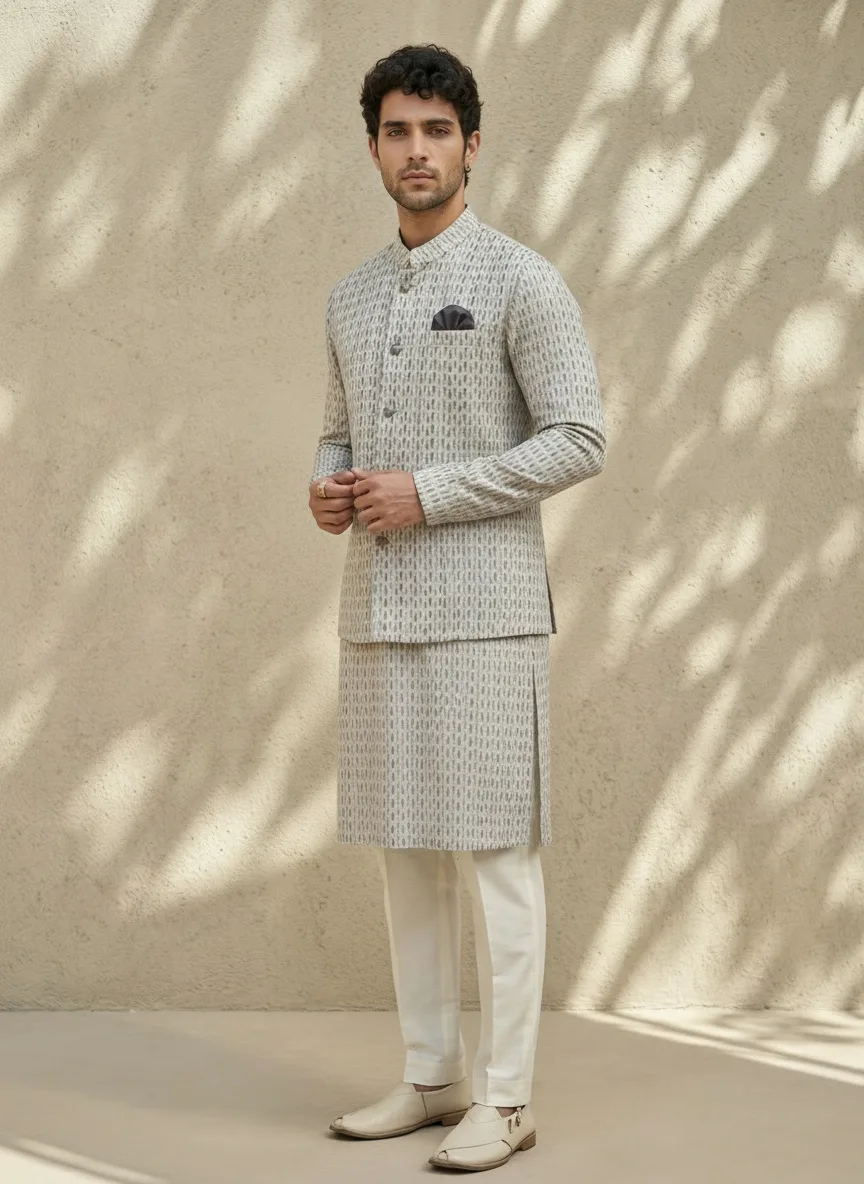 Bubber Couture ivory cream printed kurta with matching Nehru jacket and dark pocket square