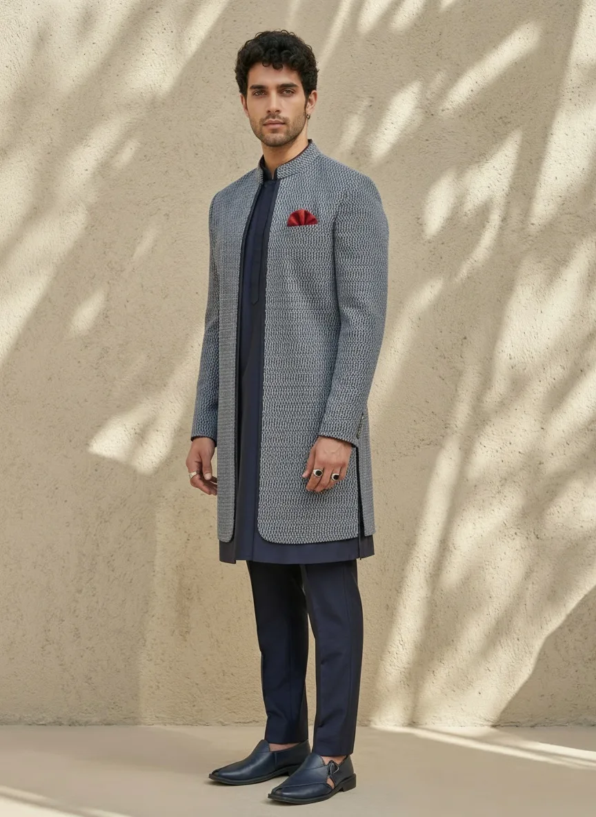 Bubber Couture grey-blue textured long sherwani over navy kurta with red pocket square, sandstone wall backdrop
