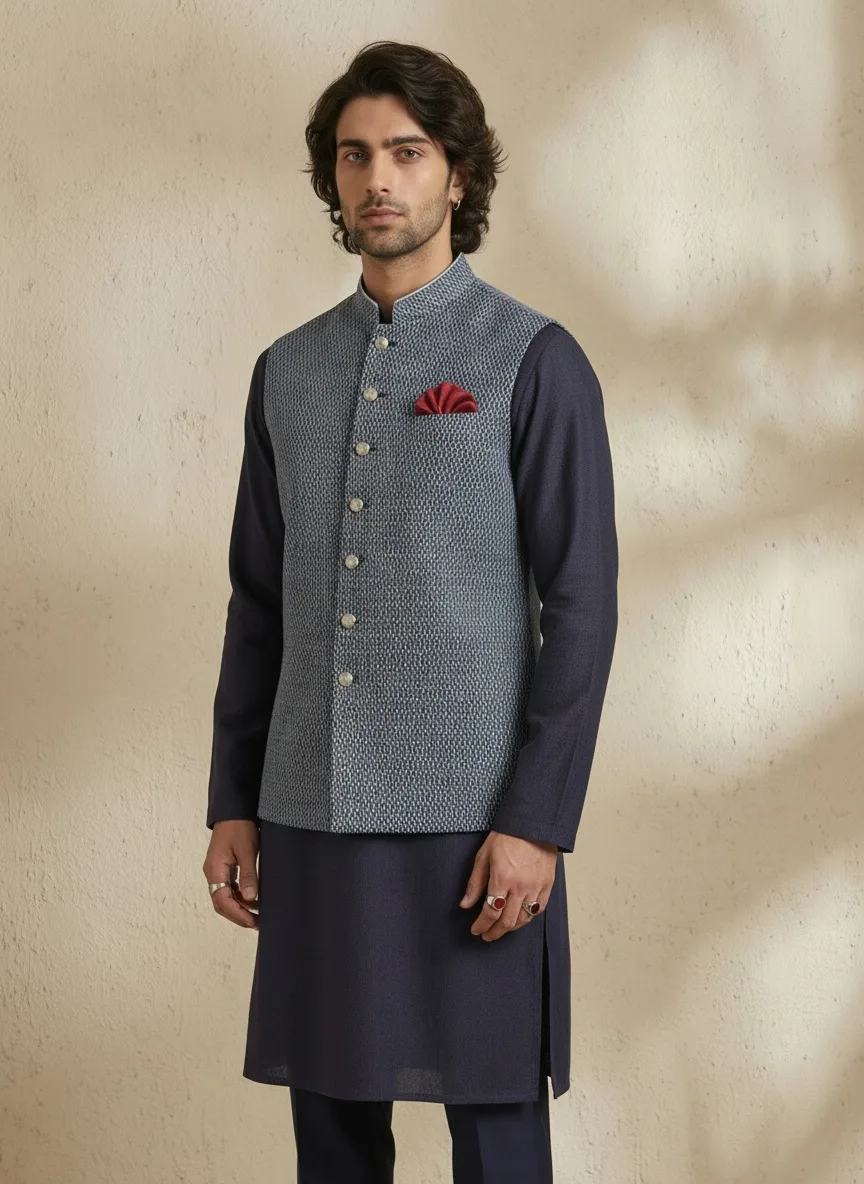 Bubber Couture textured grey-blue Nehru jacket with red pocket square over navy kurta