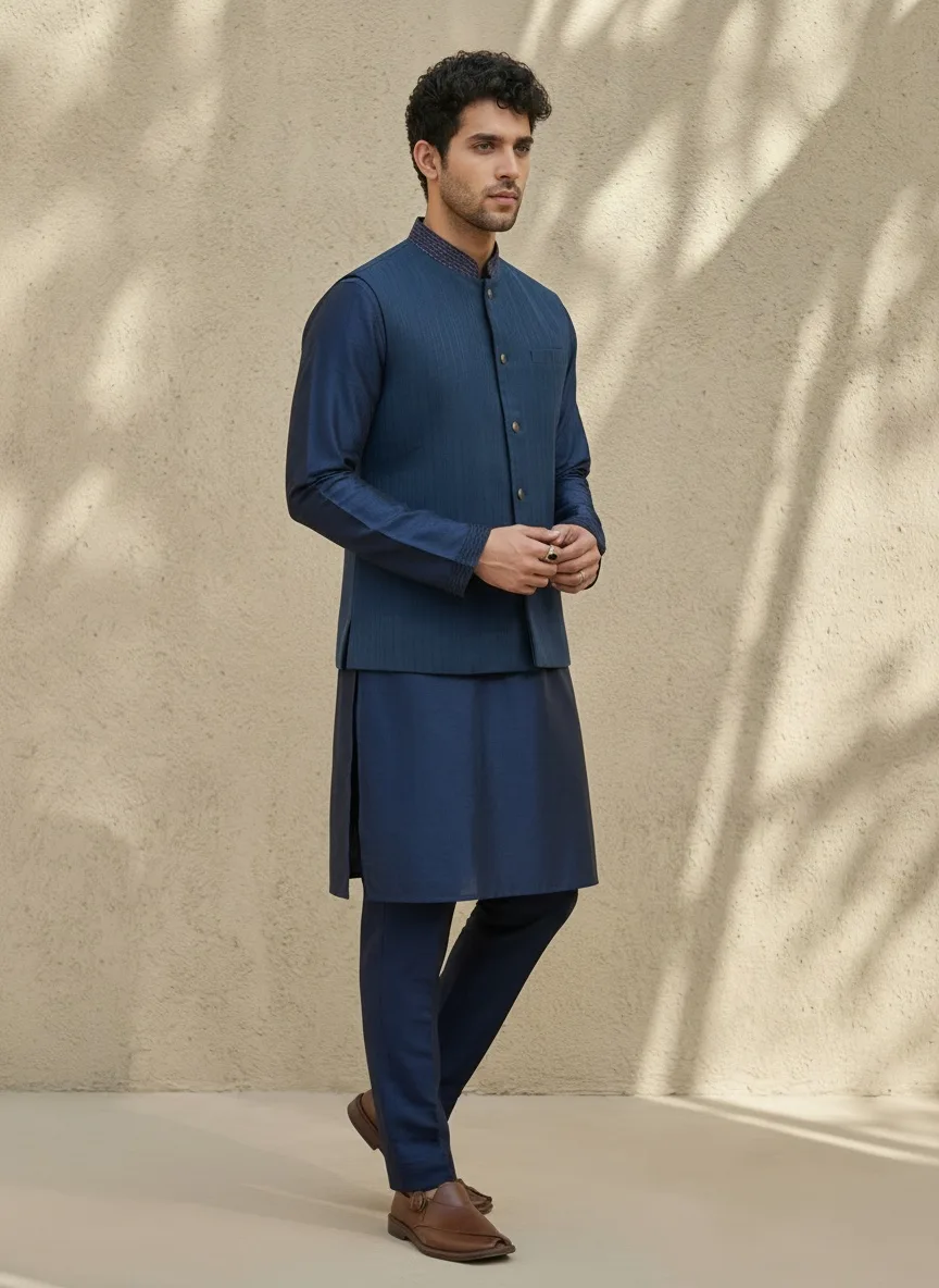 Bubber Couture solid teal navy kurta set in standing pose