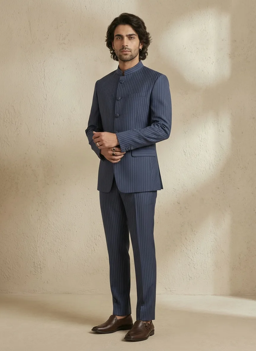 Bubber Couture navy pinstripe bandhgala suit with brown leather shoes