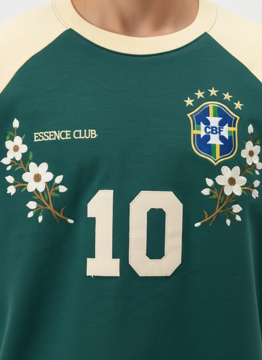 Bully Essence Club green raglan chest macro showing the embroidered five-star crest, floral sprays and appliqué number 10