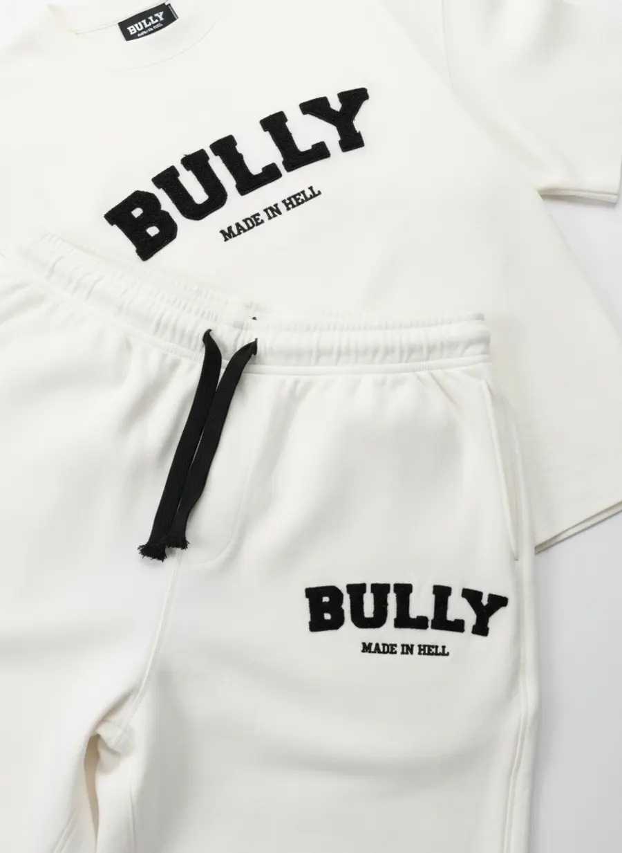 Bully Made In Hell co-ord macro showing the chest wordmark and matching sweatpant hip print