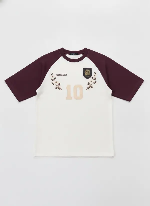 Bully Essence Club cream and burgundy raglan tee shown as a product flat