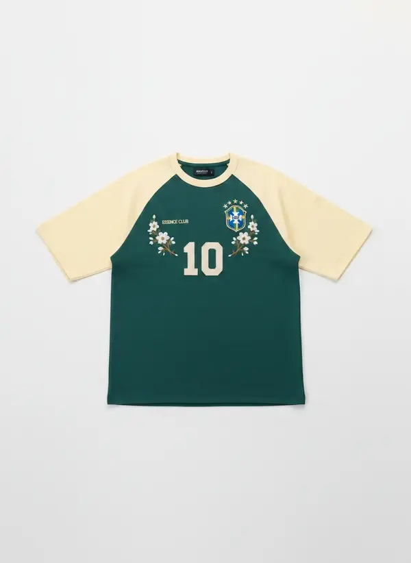 Bully Essence Club green and cream raglan tee shown as a product flat