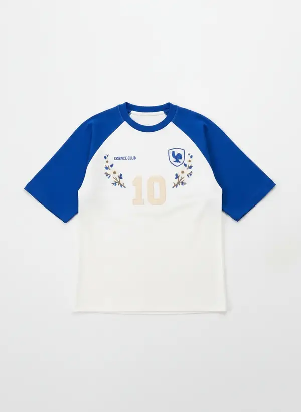 Bully Essence Club white and royal raglan tee shown as a product flat