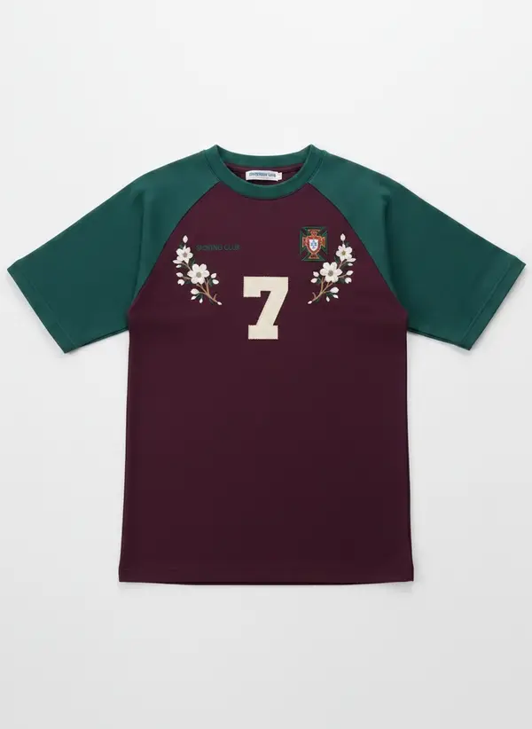 Bully Essence Club plum and green raglan tee shown as a product flat