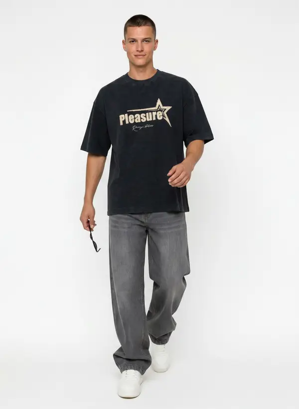 Bully Pleasure washed black oversized tee, walking frame with grey denim