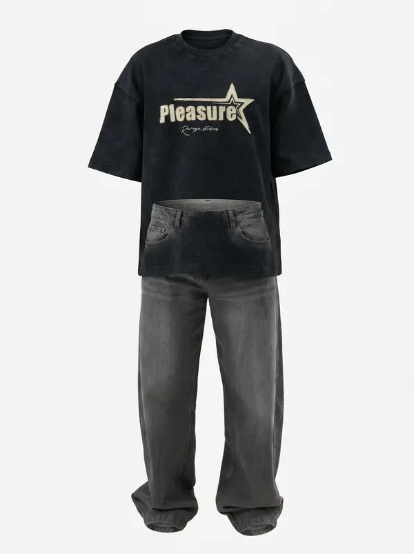 Bully Pleasure washed black oversized tee styled with grey denim as a full-look flat