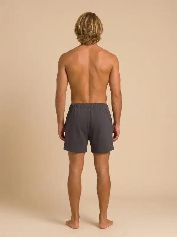Future Homme graphite lounge short, back view, on an AI male model against a warm sand backdrop