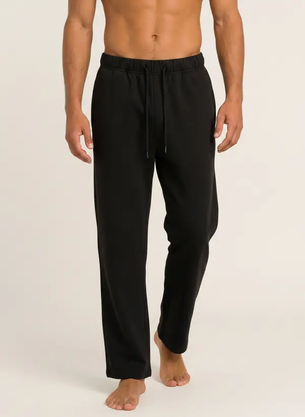Future Homme black straight lounge pant, front full length with drawcord detail, on an AI male model