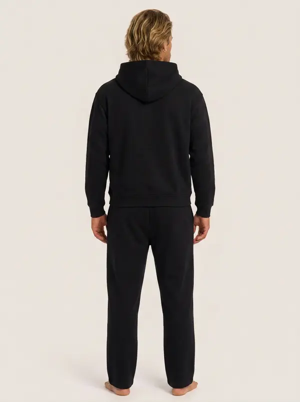 Future Homme black hooded set, back view with hood down, on an AI male model