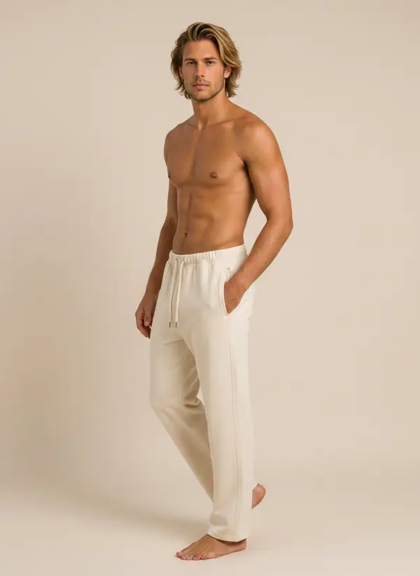 Future Homme cream wide lounge pant, three-quarter frame, bare chest, on an AI male model