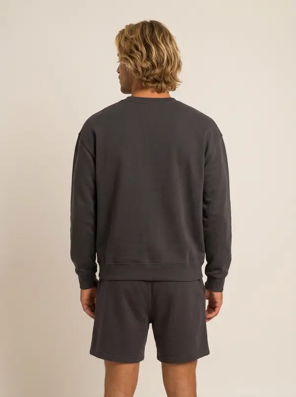 Future Homme graphite crew sweatshirt and short set, back view, on an AI male model
