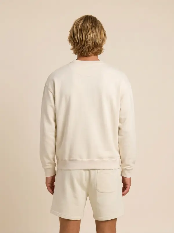 Future Homme cream crew sweatshirt and short set, back view, on an AI male model