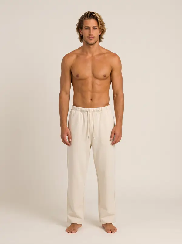 Future Homme cream wide lounge pant, front full length, bare chest, on an AI male model