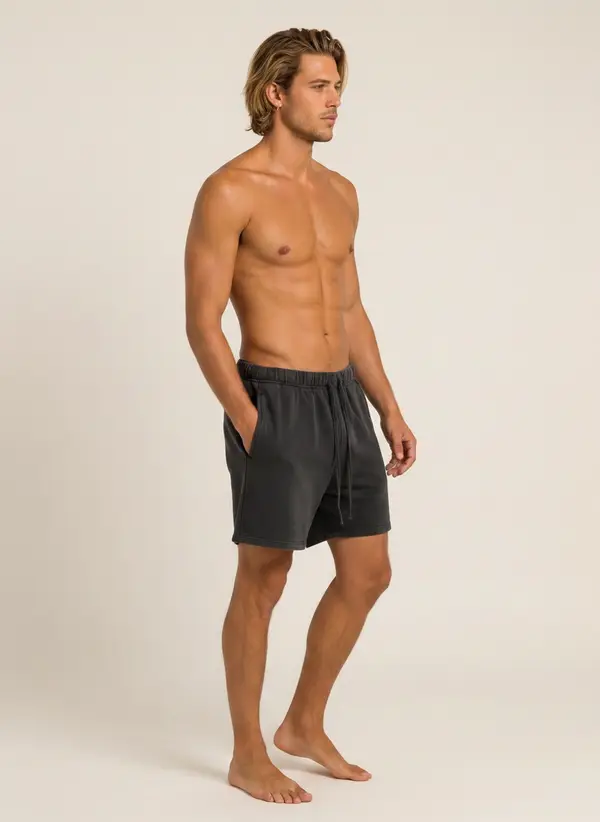 Future Homme graphite lounge short, three-quarter walking frame, bare chest, on an AI male model